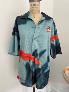Nike Resort Dri FIT Hawaiian Mesh Shirt Blue Green Size Medium